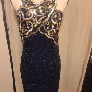 Laurence Kazar Navy and Gold Embellished Prom Dress